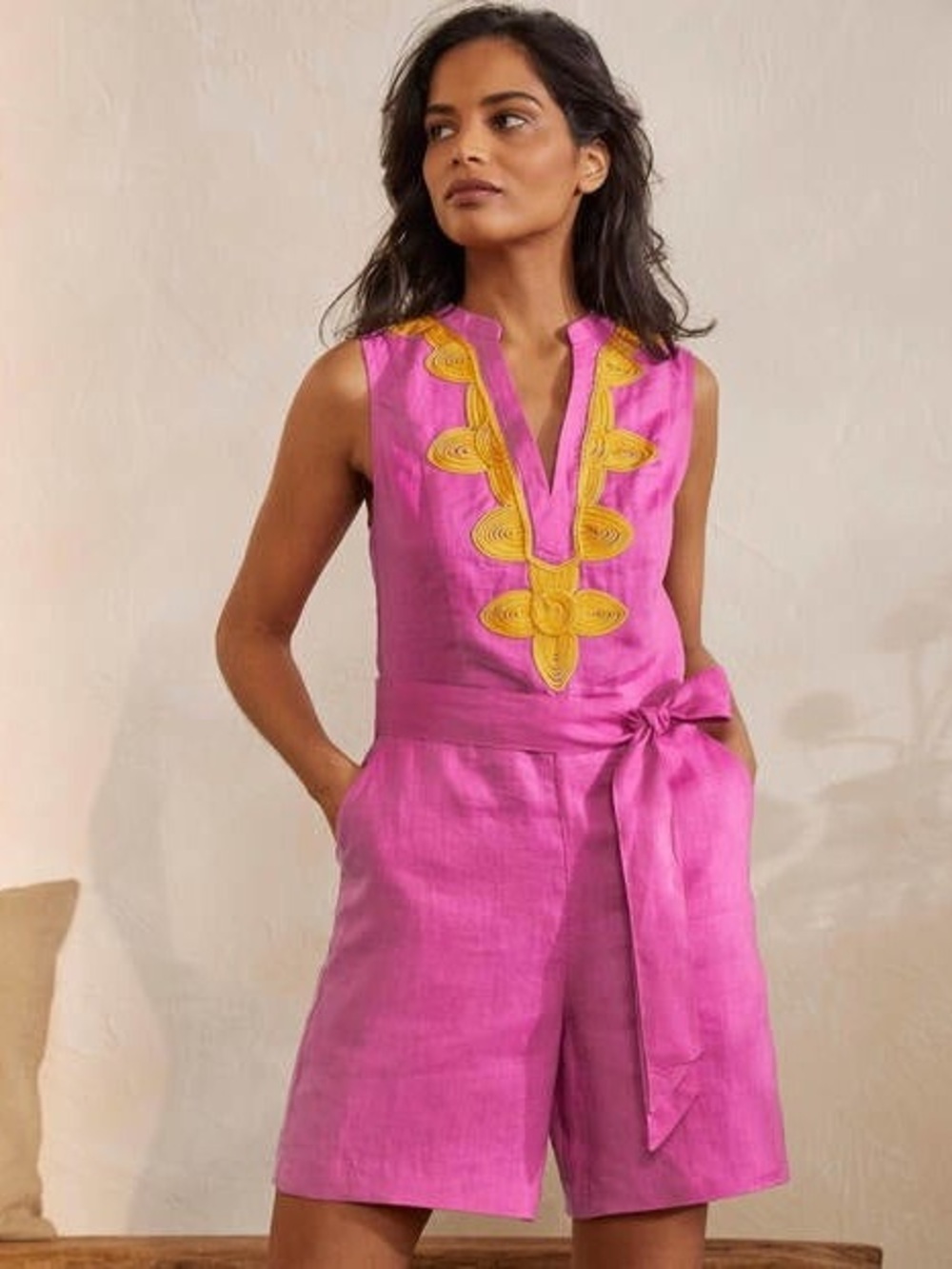 Boden. Bella Embroidered Romper. Pink/Yellow. Linen. Size 6P.
